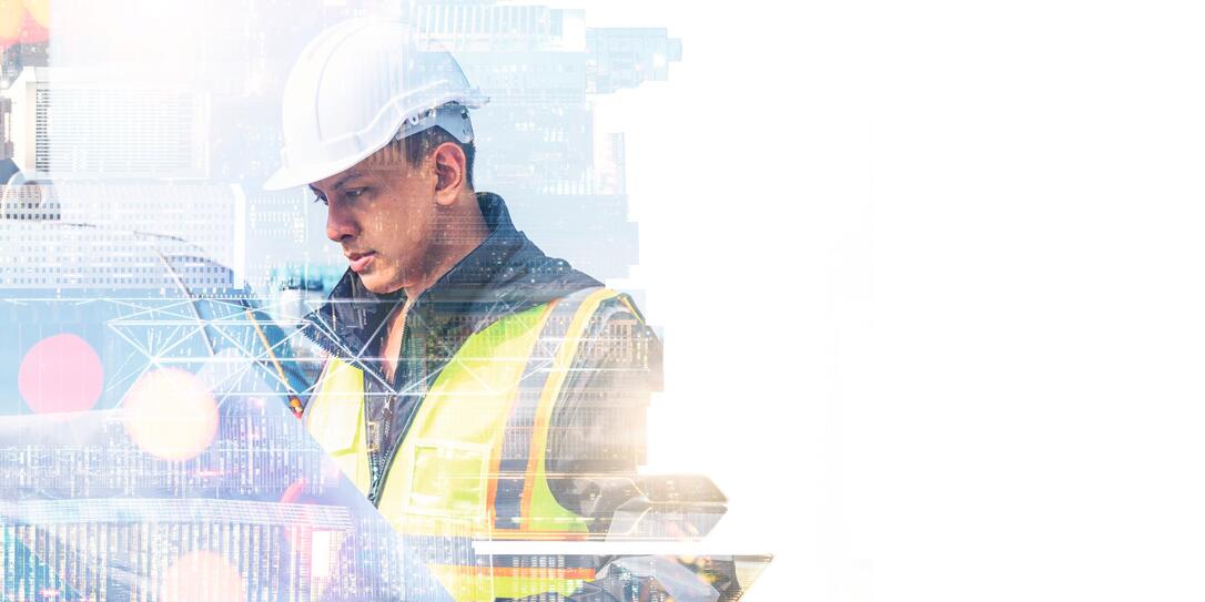 The double exposure image of the engineer thinking overlays with cityscape image with copy space. The concept of engineering, construction, futuristic and industry.