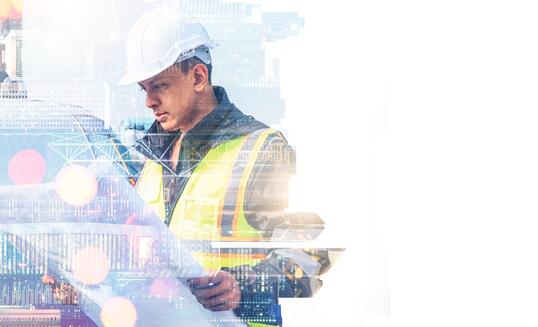 The double exposure image of the engineer thinking overlays with cityscape image with copy space. The concept of engineering, construction, futuristic and industry.