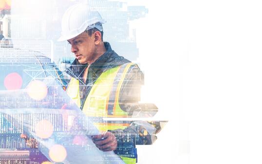 The double exposure image of the engineer thinking overlays with cityscape image with copy space. The concept of engineering, construction, futuristic and industry.