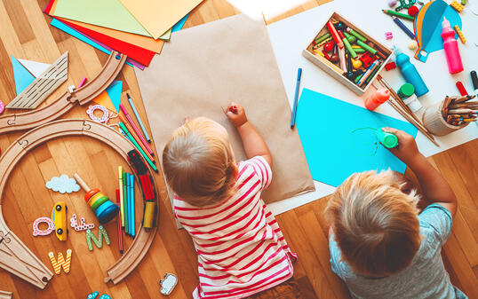 Kids draw and make crafts. Background for preschool and kindergarten or art classes.
