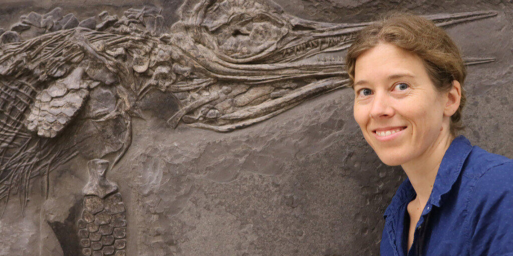Die Paläontologin Dr. Erin Maxwell vom Staatlichen Museum für Naturkunde in Stuttgart und der Hauffiopteryx typicus, beide lächelnd. Der Fischsaurier war zwar schon bekannt, war aber falsch klassifiziert worden. (Pressebild)
