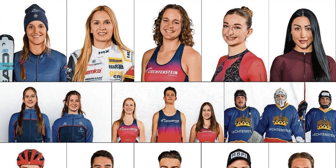 Die Kandidaten: Charlotte Lingg, Fabienne Wohlwend, Jule Insinna, Julia Weissenhofer und Léonie Guerra (oben v.l.), Team Artistic mit Aurora Notaro und Kira Beck, Team Leichtathletik mit Julia Rohrer, Joel Riesen und Fiona Matt, Team Eishockey mit Walter Fussi, Kevin Wanger und Julian Berard (mitte v.l.) sowie Felix Sprenger, Matthias Verling, Rufus Bernhardt, Marco Pfiffner und Nicolas Hasler (unten v.l.).