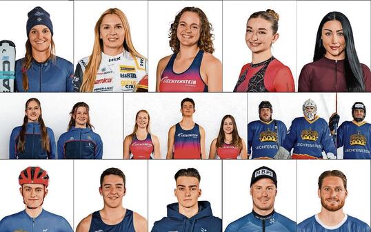 Die Kandidaten: Charlotte Lingg, Fabienne Wohlwend, Jule Insinna, Julia Weissenhofer und Léonie Guerra (oben v.l.), Team Artistic mit Aurora Notaro und Kira Beck, Team Leichtathletik mit Julia Rohrer, Joel Riesen und Fiona Matt, Team Eishockey mit Walter Fussi, Kevin Wanger und Julian Berard (mitte v.l.) sowie Felix Sprenger, Matthias Verling, Rufus Bernhardt, Marco Pfiffner und Nicolas Hasler (unten v.l.).