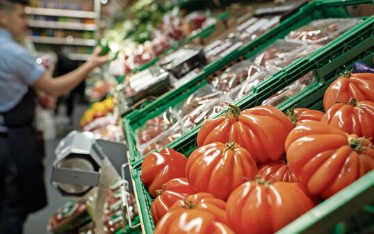 EINKAUFEN, EINKAUF, EINKAEUFE, LADEN, LAEDEN, EINZELHANDEL, COOP, SUPERMARKT, LEBENSMITTEL, LEBENSMITTELGESCHAEFT, GESCHAEFT, TOMATE, TOMATEN, GEMUESEREGAL, GEMUESEREGALE