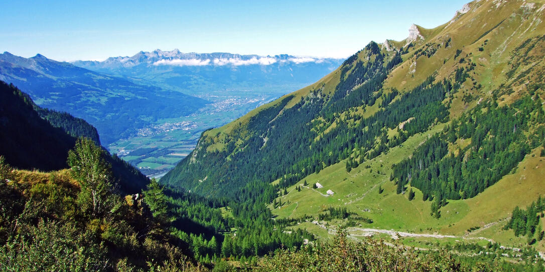 View of the river Rhine Valley in the B&uuml;ndner Herrschaft (Buendner Herrschaft) region and next to the state of Liechtenstein , Mainfeld - Canton of Grisons (Graub&uuml;nden or Graubuenden), Switzerland