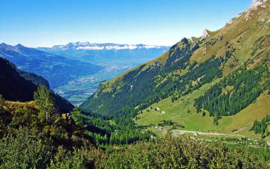 View of the river Rhine Valley in the B&uuml;ndner Herrschaft (Buendner Herrschaft) region and next to the state of Liechtenstein , Mainfeld - Canton of Grisons (Graub&uuml;nden or Graubuenden), Switzerland