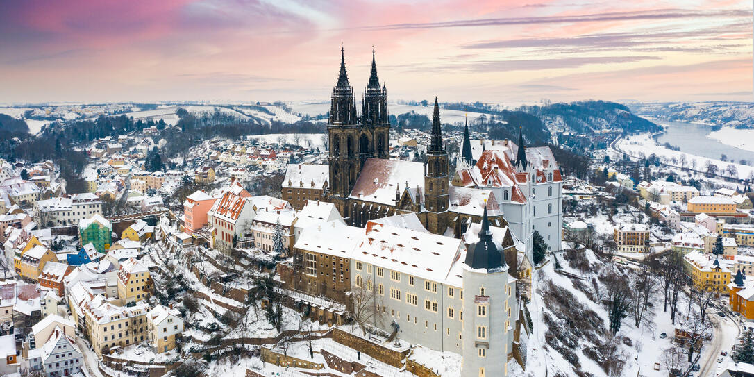 Albrechtsburg Meissen Sachsen Deutschland Wolken Blauer Himmel Schnee Dresden Dom Meissen Winterlandschaft Europa Hotspot Sonnenuntergang