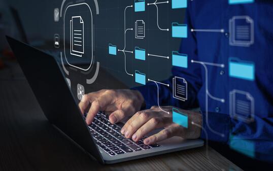 Document Management System (DMS) being setup by IT consultant working on laptop computer in office. Software for archiving, searching and managing corporate files and information. Business processes