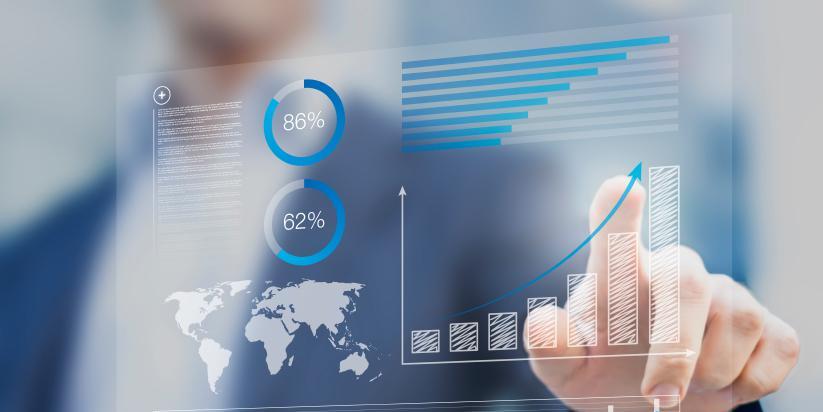 Businessman touching financial dashboard with key performance in