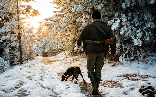 Hunter walking dog on the leash