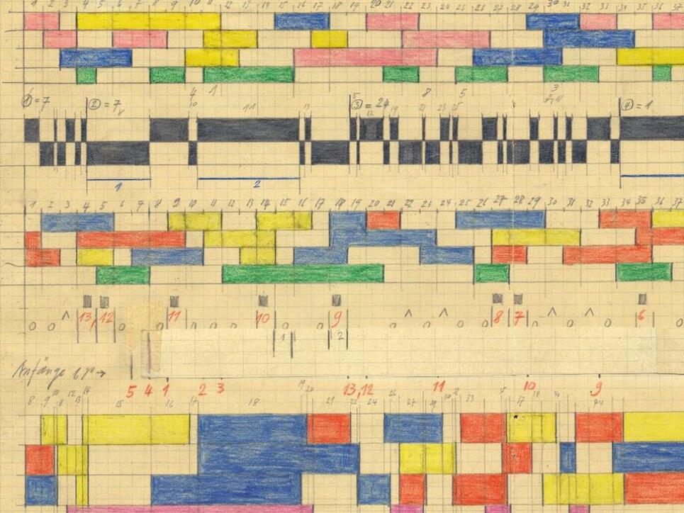 Der Solothurner Komponist Hermann Meier schrieb seine Musik in Form von grossflächigen Grafiken nieder. Ein Teil dieser Partituren ist im Kunstmuseum Solothurn ausgestellt.