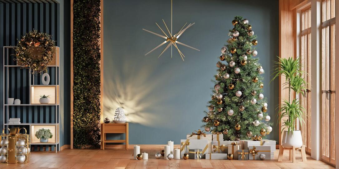 Cozy living room interior with a Christmas tree and wrapped presents under it- 3D rendering