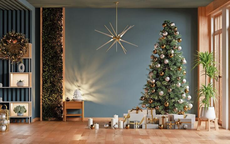 Cozy living room interior with a Christmas tree and wrapped presents under it- 3D rendering