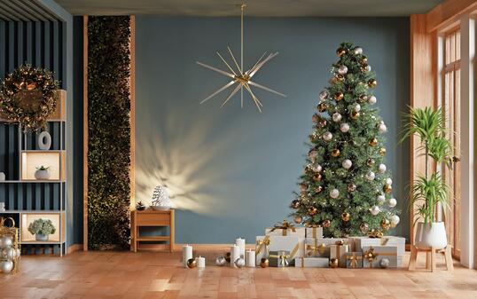 Cozy living room interior with a Christmas tree and wrapped presents under it- 3D rendering