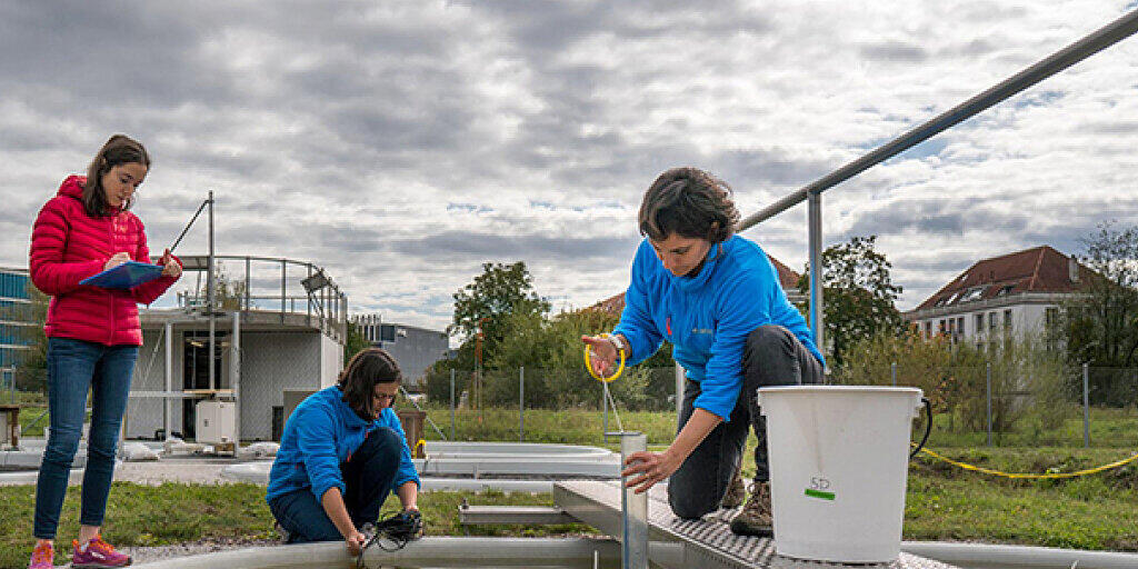 Forscherinnen der Eawag entnehmen Wasserproben aus einem Versuchsteich. Forscherinnen der Eawag entnehmen Wasserproben aus einem Versuchsteich.