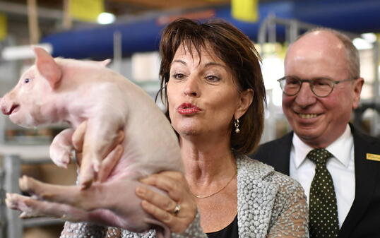 Das Säuli hatte keine Freude, dass es mit Bundespräsidentin Doris Leuthard posieren musste. Dies brachte Fredy Faessler, Regierungspräsident des Kantons St. Gallen, zum schmunzeln.