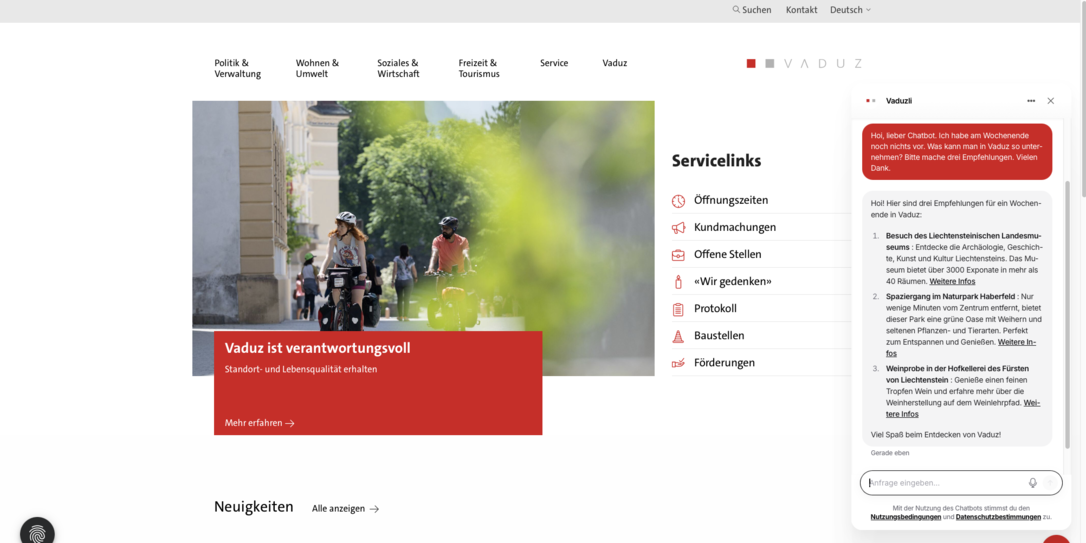 Das hilfsbereite &laquo;Hoi&raquo;: Der KI-Chatbot &laquo;Vaduzli&raquo; gr&uuml;sst auf der rechten Seite der Gemeindewebsite.