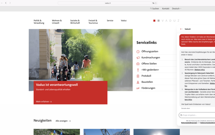 Das hilfsbereite &laquo;Hoi&raquo;: Der KI-Chatbot &laquo;Vaduzli&raquo; gr&uuml;sst auf der rechten Seite der Gemeindewebsite.