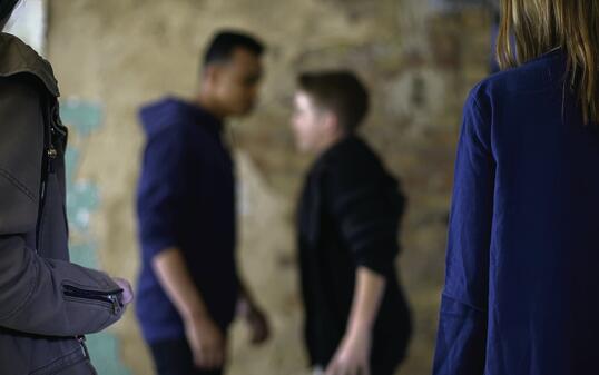 Teenage boys fighting, bullying and self-defense, violence, blurred background