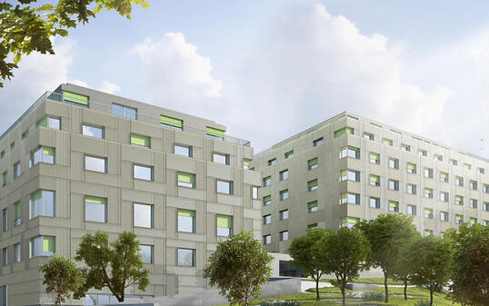 Eine Visualisierung der beiden Gebäude des ersten Patientenhotels der Schweiz am Universitätsspital Lausanne (CHUV). Der Grundstein wurde am Montag gelegt. Das Hotel soll Ende 2016 eröffnet werden.