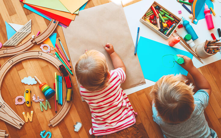 Kids draw and make crafts. Background for preschool and kindergarten or art classes.