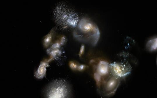 Eine Gruppe von heranwachsenden Galaxien im fr&uuml;hen Universum. (Computerbild)
