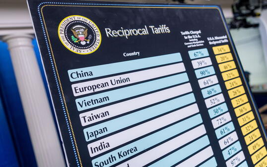 Charts in the White House's press room list tariffs President Trump levied