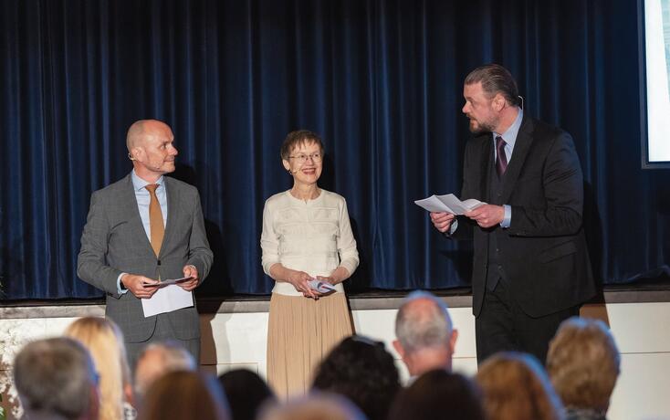 Die VU-Regierungsmitglieder setzen den Schlusspunkt des Abends (v. l.): Regierungsrat Hubert Büchel, Regierungschefin Brigitte Haas und Regierungsrat Emanuel Schädler.