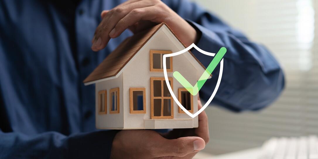 Home warranty and property protection concept with house model, protective hands, shield and check mark, representing home insurance, coverage, security, repair protection and homeowner peace of mind.