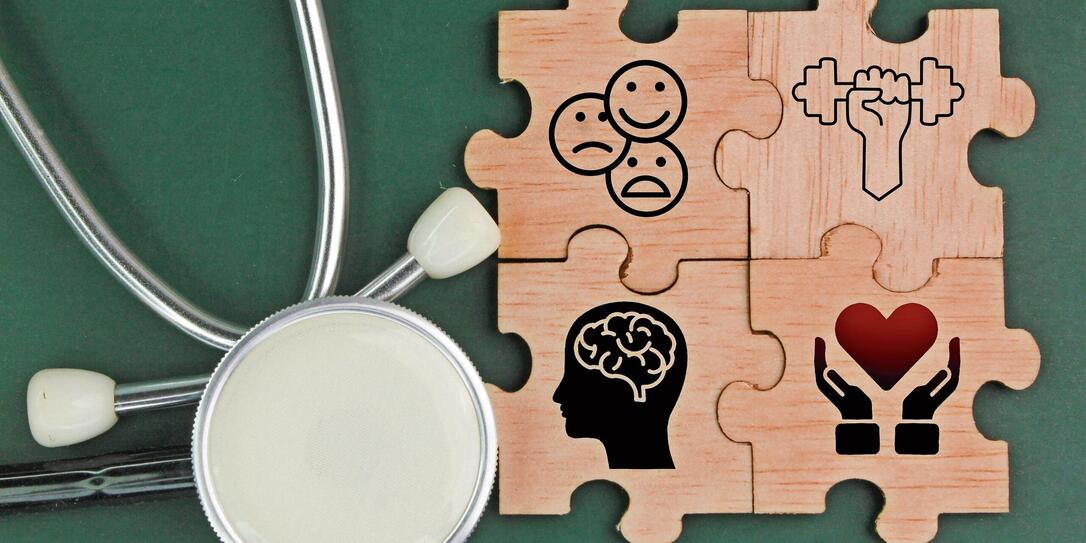 wooden puzzle with icons and words emotional, physical, psychological, and spiritual health. What are the 4 domains of health?