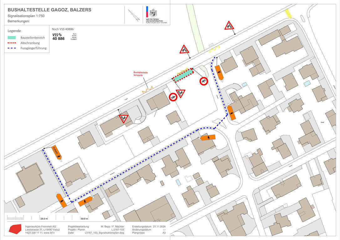 Signalisation Bauarbeiten Bushaltestelle Gagoz in Balzers