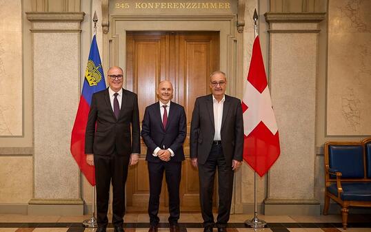 Bundesrat Martin Pfister, Regierungsrat Hubert Büchel, Bundesrat Guy Parmelin beim Empfang in Bern.