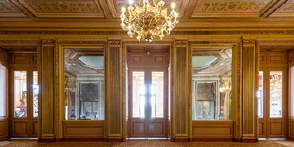 Das Vorfoyer des renovierten Grand Théâtre in Genf ist bereit, die Besucher zu empfangen. Wiedereröffnung ist am 12. Februar 2019. Das Vorfoyer des renovierten Grand Théâtre in Genf ist bereit, die Besucher zu empfangen. Wiedereröffnung ist am 12. Februar 2019.