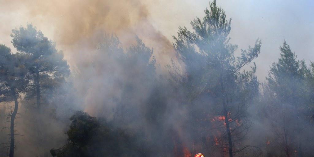 Ein Feuerwehrmann kämpft bei Kalamos gegen die Flammen.