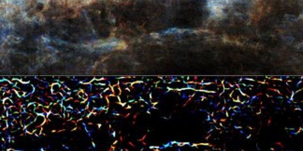 Atomare Wasserstoffemission eines Ausschnitts aus der THOR-Durchmusterung (oben) und zugehörige fadenförmige Strukturen um das Magdalena-Filament (unten). Die Farben stellen die Emission bei drei Radialgeschwindigkeiten dar. (Juan Diego Soler