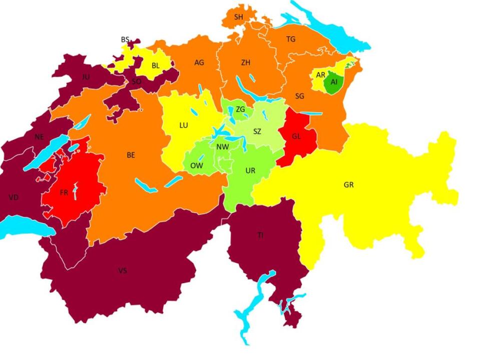 Eine Übersicht über die Schuldnerquote der Schweiz: Ländliche Kantone haben weniger Zahlungsunfähige.