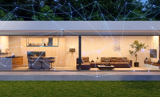 Modern Villa Exterior With Plexus. Smart Home Concept. Control With Mobile App And Technology Devices.