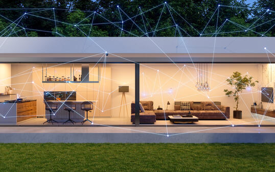 Modern Villa Exterior With Plexus. Smart Home Concept. Control With Mobile App And Technology Devices.