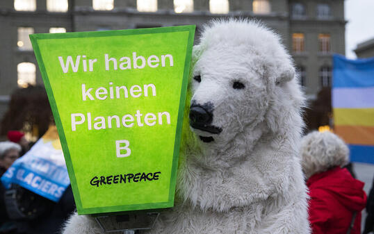 Ein Aktivist in einem Eisbärkostuem hält eine Lampe mit der Aufschrift "Wir haben keinen Planeten B", bei der Einreichung der Gletscherinitiative am Mittwoch auf dem Bundesplatz in Bern.