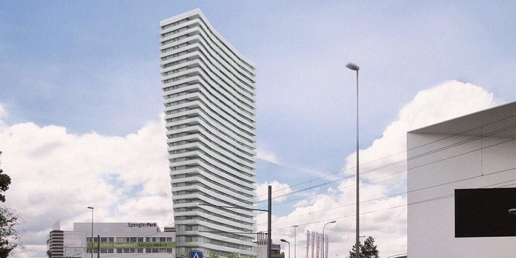 Das geplante Hochhaus in Münchenstein BL mit dem Schaulager im Vordergrund. Das geplante Hochhaus in Münchenstein BL mit dem Schaulager im Vordergrund.