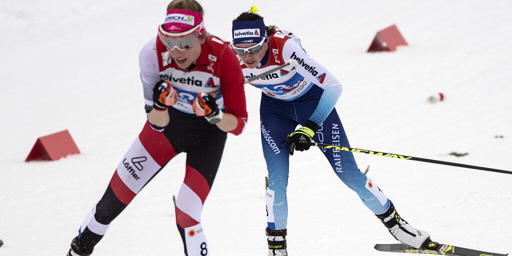 Nathalie von Siebenthal hier hinter der Österreicherin Teresa Stadlober an den Nordischen Weltmeisterschaften in Seefeld