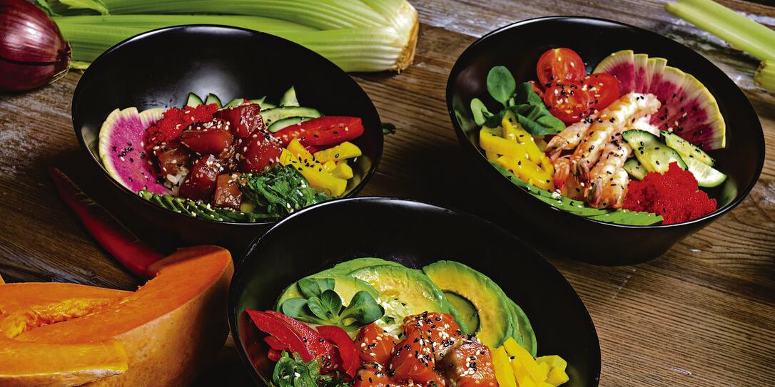 Varied poke bowls Sets. Buddha bowl. View from above. Varied poke bowls Sets. Buddha bowl. View from above.