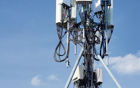 Telecommunication tower of 4G and 5G cellular on sky background