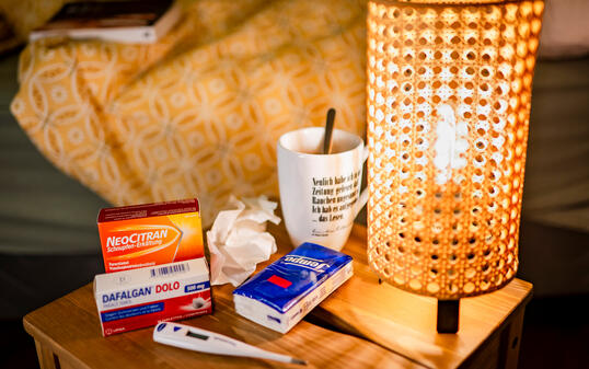 GRIPPE, ERKAELTUNG, KRANK, KRANKHEIT, MEDIKAMENT, MEDIKAMENTE, TEE, NASTUCH, NASTUECHER, NEOCITRAN, PANADOL, DAFALGAN, FIEBERMESSER,