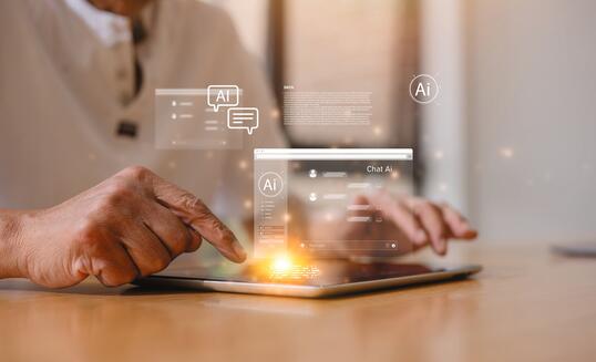 Senior man using digital tablet learning or working with ai icon representing elderly and technology lifestyle, using artificial intelligence by older people