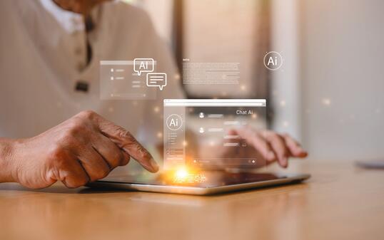 Senior man using digital tablet learning or working with ai icon representing elderly and technology lifestyle, using artificial intelligence by older people
