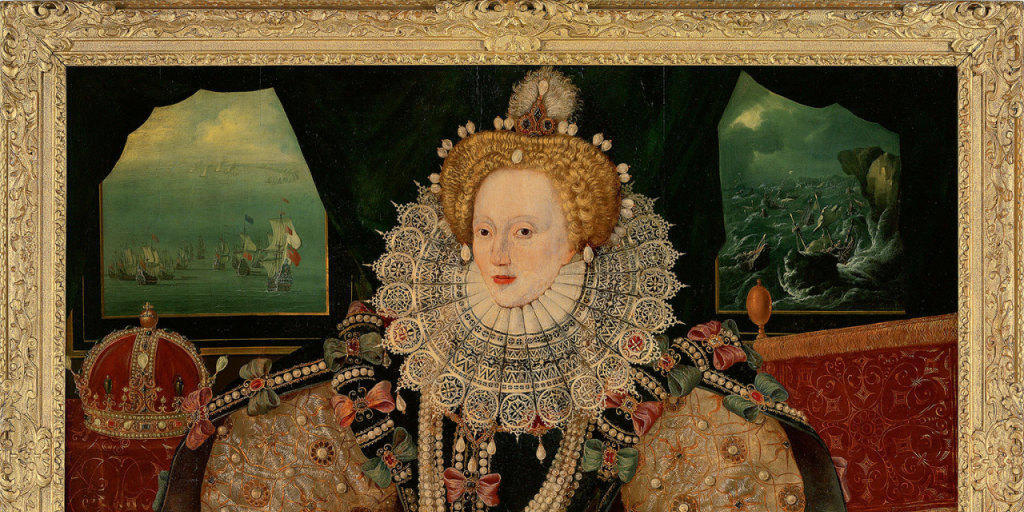 Das Porträt zeigt die englische Königin Elizabeth I. vor dem Hintergrund des Untergangs der spanischen Armada. Das Porträt zeigt die englische Königin Elizabeth I. vor dem Hintergrund des Untergangs der spanischen Armada.