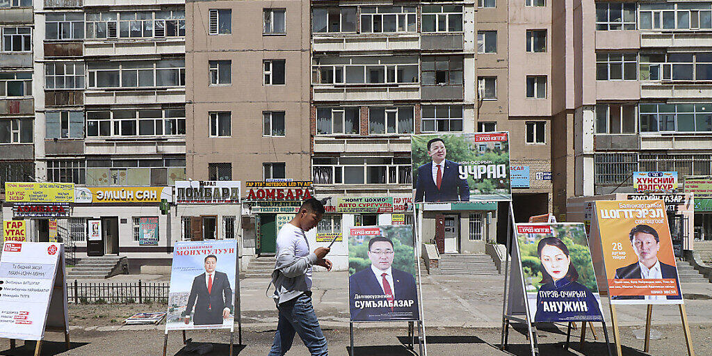Ein Mann geht an Wahlplakaten verschiedener Parteien vorbei. Foto: Ganbat Namjilsangarav/AP/dpa