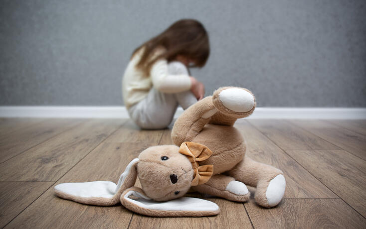 A stuffed bunny on the floor, a scared child sitting behind it. Child abuse. Bullying in the family.