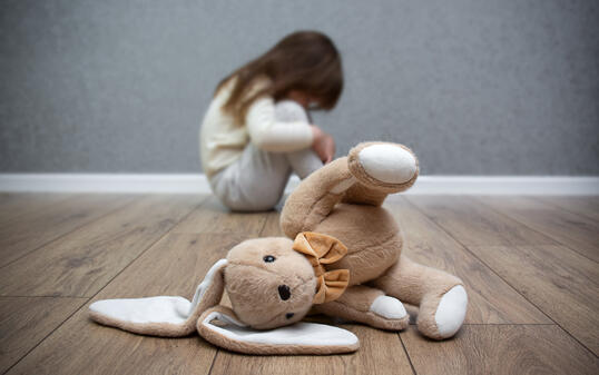 A stuffed bunny on the floor, a scared child sitting behind it. Child abuse. Bullying in the family.